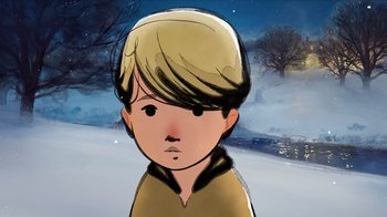 Movie still from “The Boy, the Mole, the Fox and the Horse” (2022), directed by Peter Baynton – A boy with blonde hair is standing in the snow; Close Up shot, High angle