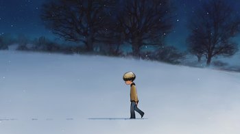 Movie still from “The Boy, the Mole, the Fox and the Horse” (2022), directed by Peter Baynton – A boy is walking in the snow at night; Extreme Wide shot, Low angle