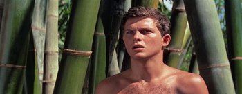 Movie still from “The Bridge on the River Kwai” (1957), directed by David Lean – A shirtless man standing in front of a bunch of trees; Close Up shot, Low angle
