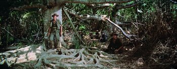 Movie still from “The Bridge on the River Kwai” (1957), directed by David Lean – A group of men sitting under a tree in the woods; Wide shot, High angle