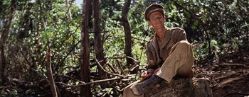 Movie still from “The Bridge on the River Kwai” (1957), directed by David Lean – A man sitting on top of a tree in the woods; Medium shot, Low angle