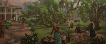 Movie still from “The Burial” (2023), directed by Maggie Betts – A painting of a woman stirring a pot of food; Extreme Wide shot, High angle