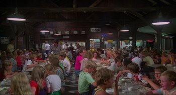 Movie still from “The Burning” (1981), directed by Tony Maylam – A group of people sitting at a table eating food; Wide shot, High angle