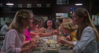 Movie still from “The Burning” (1981), directed by Tony Maylam – A group of people sitting at a table eating food; Medium shot, Over the shoulder angle