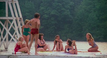 Movie still from “The Burning” (1981), directed by Tony Maylam – A group of people sitting and standing on the beach; Wide shot, High angle
