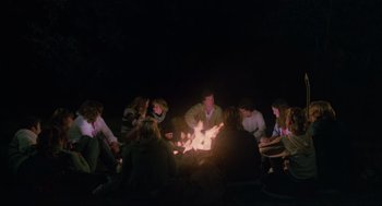Movie still from “The Burning” (1981), directed by Tony Maylam – A group of people sitting around a fire pit at night; Wide shot, High angle