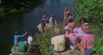 Movie still from “The Burning” (1981), directed by Tony Maylam – A group of people sitting on rocks near a body of water; Wide shot, High angle