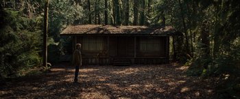 Movie still from “The Cabin in the Woods” (2011), directed by Drew Goddard – A person standing in front of a log cabin in the woods; Extreme Wide shot, Low angle