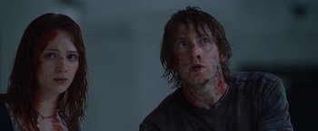Movie still from “The Cabin in the Woods” (2011), directed by Drew Goddard – A person with blood all over his face; Close Up shot, Low angle