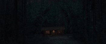 Movie still from “The Cabin in the Woods” (2011), directed by Drew Goddard – A cabin in the middle of the woods at night; Extreme Wide shot, High angle