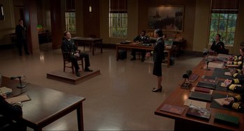 Movie still from “The Caine Mutiny Court-Martial” (2023), directed by William Friedkin – A group of people sitting around a room; Wide shot, High angle