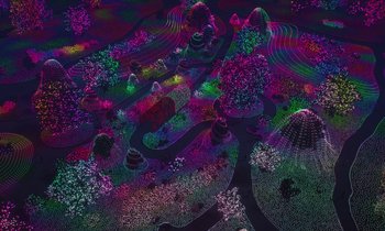 Movie still from “The Card Counter” (2021), directed by Paul Schrader – An image of a colorful landscape with trees and hills; Extreme Wide shot, High angle