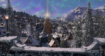 Movie still from “The Christmas Chronicles: Part Two” (2020), directed by Chris Columbus – A christmas tree in the middle of a snow covered town; Extreme Wide shot, High angle