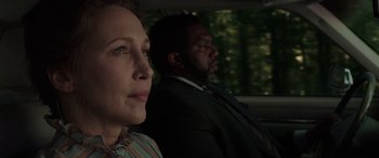 Movie still from “The Conjuring: The Devil Made Me Do It” (2021), directed by Michael Chaves – A woman and a man sitting in the back of a car; Close Up shot, Over the shoulder angle