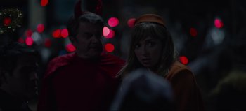 Movie still from “The Curse of Bridge Hollow” (2022), directed by Jeff Wadlow – A man and a woman dressed up in costumes; Close Up shot, Over the shoulder angle
