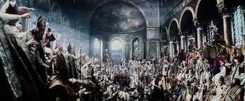 Movie still from “The Da Vinci Code” (2006), directed by Ron Howard – A large group of people gathered in a large room; Extreme Wide shot, High angle