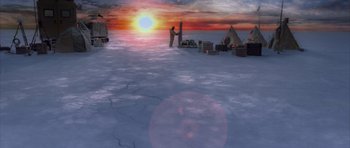 Movie still from “The Day After Tomorrow” (2004), directed by Roland Emmerich – An image of an ocean with a sunset in the background; Extreme Wide shot, High angle