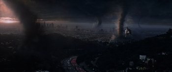 Movie still from “The Day After Tomorrow” (2004), directed by Roland Emmerich – An aerial view of a city during a storm; Extreme Wide shot, High angle