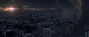 Movie still from “The Day After Tomorrow” (2004), directed by Roland Emmerich – A view of a city at night from a high point; Extreme Wide shot, High angle