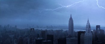 Movie still from “The Day After Tomorrow” (2004), directed by Roland Emmerich – A view of the empire state building from the top of the empire state building; Extreme Wide shot, High angle