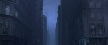 Movie still from “The Day After Tomorrow” (2004), directed by Roland Emmerich – A dark city street with buildings in the background; Extreme Wide shot, High angle