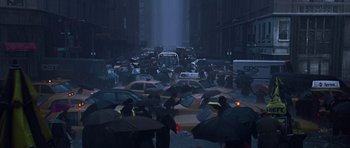 Movie still from “The Day After Tomorrow” (2004), directed by Roland Emmerich – A bunch of people that are standing in the street; Extreme Wide shot, High angle