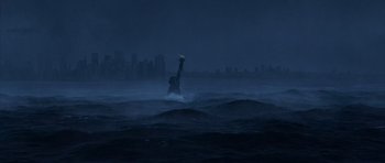 Movie still from “The Day After Tomorrow” (2004), directed by Roland Emmerich – The statue of liberty is in the middle of the ocean; Extreme Wide shot, Low angle