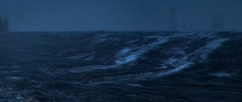 Movie still from “The Day After Tomorrow” (2004), directed by Roland Emmerich – A large body of water in the middle of the night; Extreme Wide shot, High angle