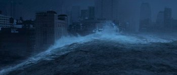 Movie still from “The Day After Tomorrow” (2004), directed by Roland Emmerich – A large body of water in the middle of a city; Extreme Wide shot, High angle