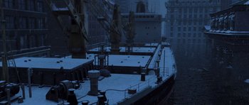 Movie still from “The Day After Tomorrow” (2004), directed by Roland Emmerich – A large boat in the middle of a city; Extreme Wide shot, High angle