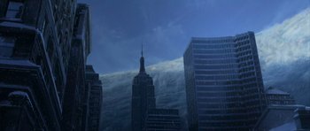 Movie still from “The Day After Tomorrow” (2004), directed by Roland Emmerich – A view of a city skyline with a storm coming in from the sky; Extreme Wide shot, High angle