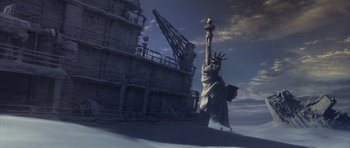 Movie still from “The Day After Tomorrow” (2004), directed by Roland Emmerich – A statue of liberty in the middle of the ocean; Extreme Wide shot, Low angle