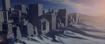 Movie still from “The Day After Tomorrow” (2004), directed by Roland Emmerich – An image of a city with a lot of buildings in the background; Extreme Wide shot, High angle