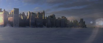 Movie still from “The Day After Tomorrow” (2004), directed by Roland Emmerich – An image of a large city in the middle of the night; Extreme Wide shot, High angle