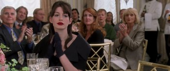Movie still from “The Devil Wears Prada” (2006), directed by David Frankel – A group of people sitting at a table; Medium shot, Over the shoulder angle
