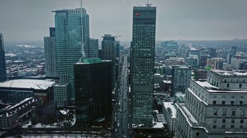Movie still from “The Dissident” (2020), directed by Bryan Fogel – An aerial view of a busy city with tall skyscrapers; Extreme Wide shot, High angle