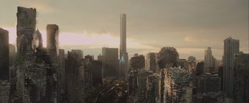 Movie still from “The Divergent Series: Insurgent” (2015), directed by Robert Schwentke – An aerial view of a large city with skyscrapers; Extreme Wide shot, High angle