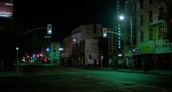 Movie still from “The Driver” (1978), directed by Walter Hill – A city street at night lit up by street lights; Extreme Wide shot, Low angle