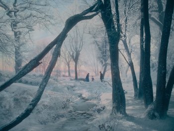 Movie still from “The Electrical Life of Louis Wain” (2021), directed by Will Sharpe – Two people are walking through a snowy forest; Extreme Wide shot, High angle
