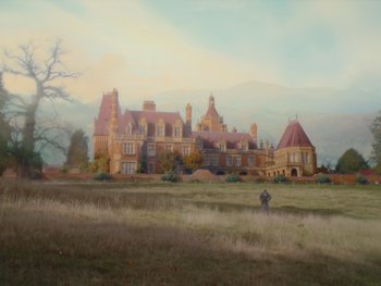 Movie still from “The Electrical Life of Louis Wain” (2021), directed by Will Sharpe – A painting of an old mansion in the middle of a field; Extreme Wide shot, Low angle