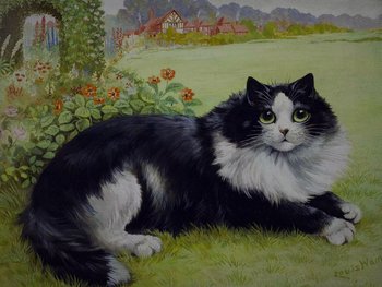 Movie still from “The Electrical Life of Louis Wain” (2021), directed by Will Sharpe – A black and white cat sitting in the grass near flowers; Close Up shot, High angle