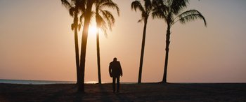 Movie still from “The Enforcer” (2022), directed by Richard Hughes – A man standing on a beach near some palm trees at sunset; Extreme Wide shot, Low angle