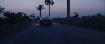 Movie still from “The Enforcer” (2022), directed by Richard Hughes – A car driving down a street near palm trees; Wide shot, Low angle