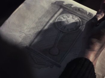 Movie still from “The Evil Dead” (1981), directed by Sam Raimi – A drawing of an old grandfather clock; Extreme Close Up shot, Overhead angle