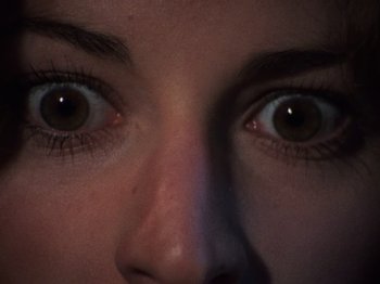 Movie still from “The Evil Dead” (1981), directed by Sam Raimi – A person's eyes with a dark background; Extreme Close Up shot, High angle