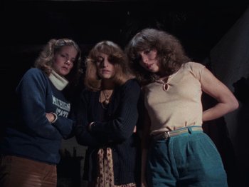 Movie still from “The Evil Dead” (1981), directed by Sam Raimi – A group of women standing next to each other in a room; Medium shot, Low angle