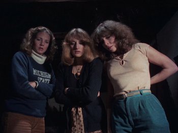 Movie still from “The Evil Dead” (1981), directed by Sam Raimi – A group of women standing next to each other in a room; Medium shot, Low angle