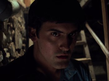 Movie still from “The Evil Dead” (1981), directed by Sam Raimi – A person wearing a hat; Close Up shot, Low angle