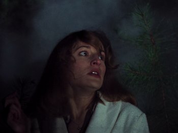 Movie still from “The Evil Dead” (1981), directed by Sam Raimi – A woman looking up into the sky with a surprised look on her face; Close Up shot, Low angle