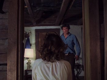 Movie still from “The Evil Dead” (1981), directed by Sam Raimi – A man and a woman standing in front of a door; Medium shot, Over the shoulder angle